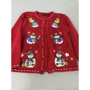 In Resource Sweater Womens Medium Red Snowman Ugly Christmas‎ Holiday Cardigan